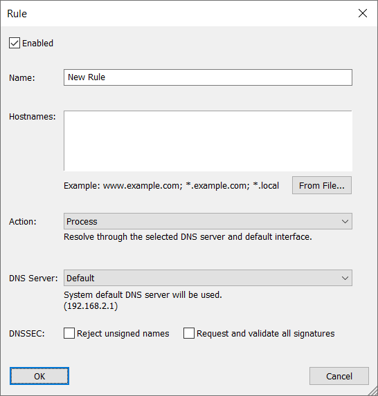 Окно Rule в YogaDNS: поля Hostnames, Action и DNS Server